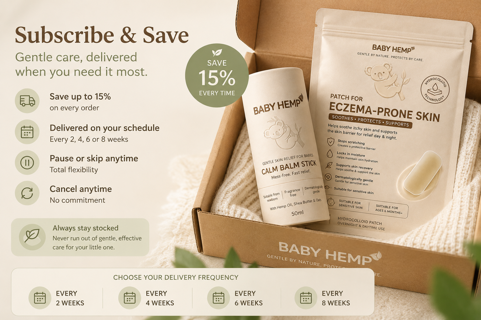 Baby Hemp Subscribe & Save — gentle care delivered when you need it most. Save 15% every time. Pause, skip or cancel anytime. Choose your delivery frequency.